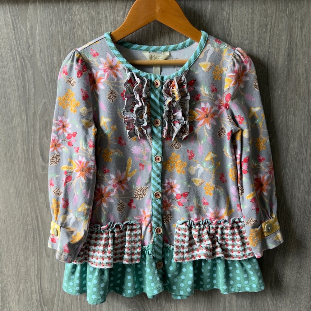 Matilda Jane Floral Ruffle Tunic Girl 6 Gray Mixed Print Cottagecore Boho Whimsy